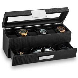 Glenor Co Watch Box for Men 6 Slot Display Organizer with Valet Drawer Case